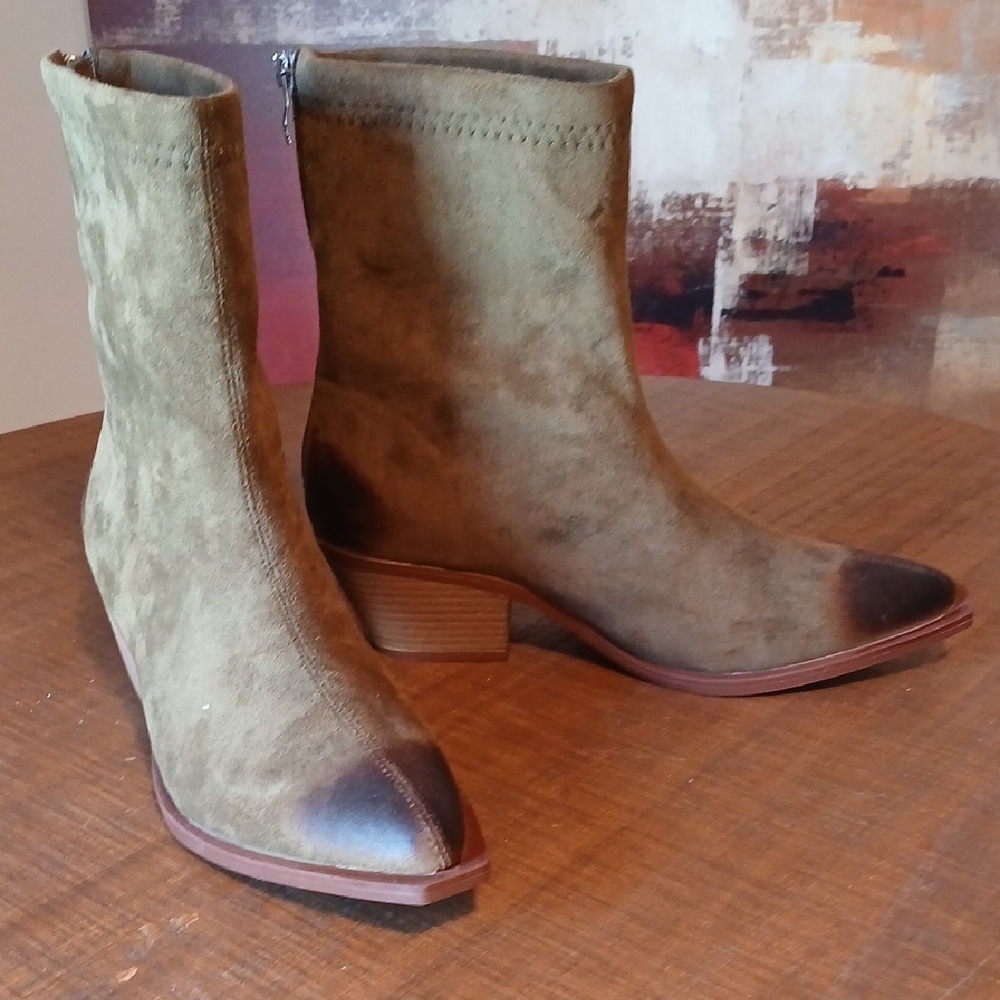 Olive Green Suede Pointed Toe Heeled Ankle Boots